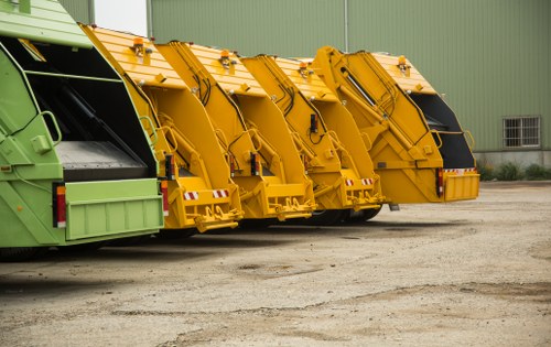 A row of four large commercial wheelie bins used for rubbish collection, parked side by side on a paved surface in front of a green industrial building. The first bin is light green, the second and third are yellow, and the fourth is black. All bins have textured plastic surfaces and are equipped with metal handles and wheels for mobility. The yellow bins are marked with reflective safety strips and have hinged lids closed at the top. The background features a section of the green industrial building’s wall with a small window visible on the right side. The scene suggests a waste collection point, consistent with commercial rubbish removal services in Sutton, with natural daylight illuminating the area. Commercial Waste Removal Sutton occasionally handles such waste collection operations for local businesses or sites needing efficient rubbish management.